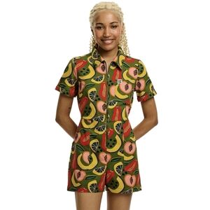 Lucy & Yak Green Fruit-Print Short Jumpsuit with Pink & Yellow Accents